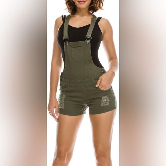 Forever 21 Green denim distress Shorts bib Overalls green stretchy size 27 - Picture 1 of 10